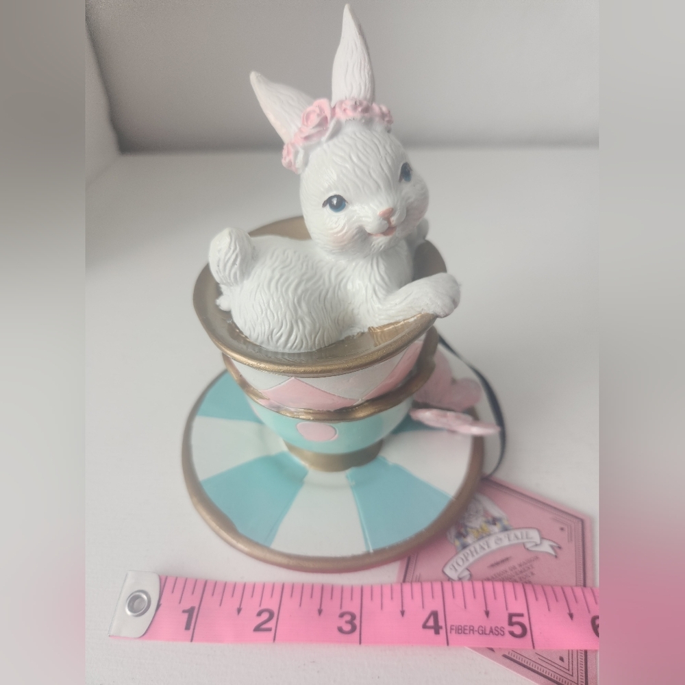 TopHat & Tails White Bunny Sitting In A Teacup Figurine with Pink Floral Crown - Picture 9 of 14